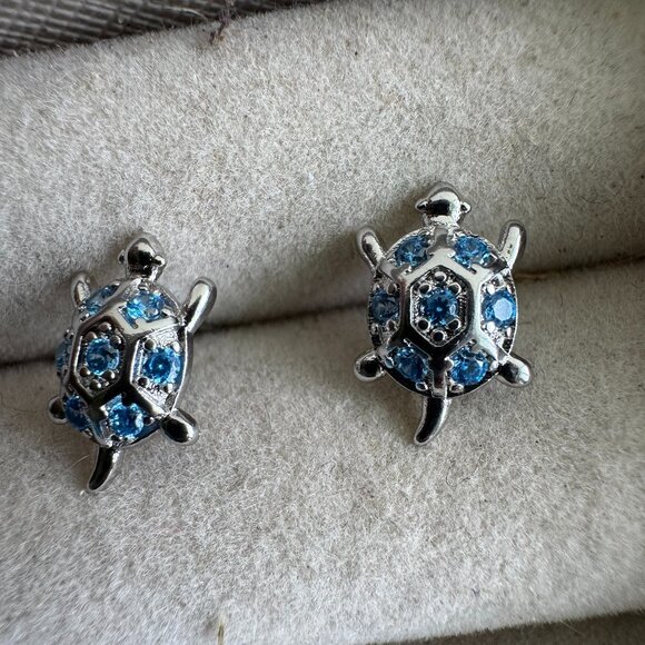 Sterling Silver 925 Turtle Earrings with Blue Crystals – Ocean Inspired Studs - Picture 1 of 6